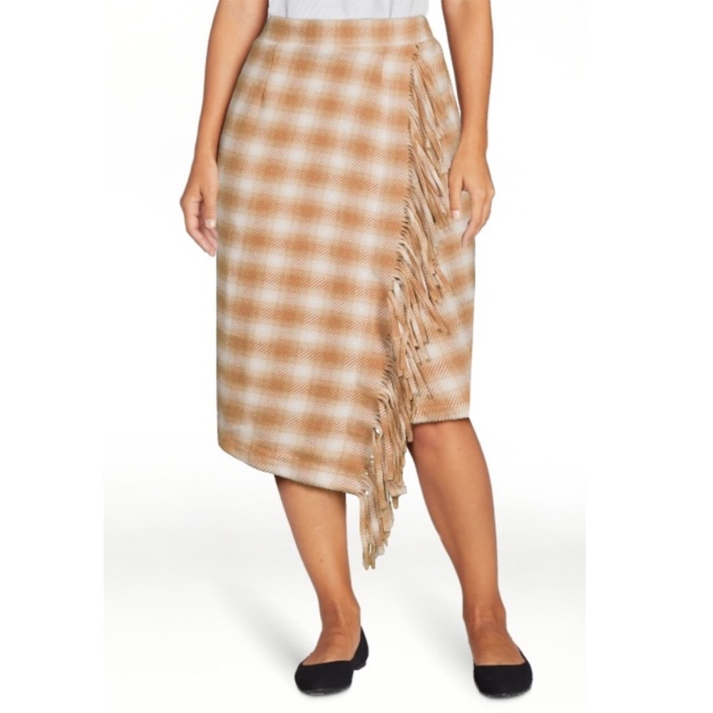 TIME and TRU Brown Plaid Faux Wrap Fringed Flannel Skirt L (12-14) NWT - Picture 2 of 9